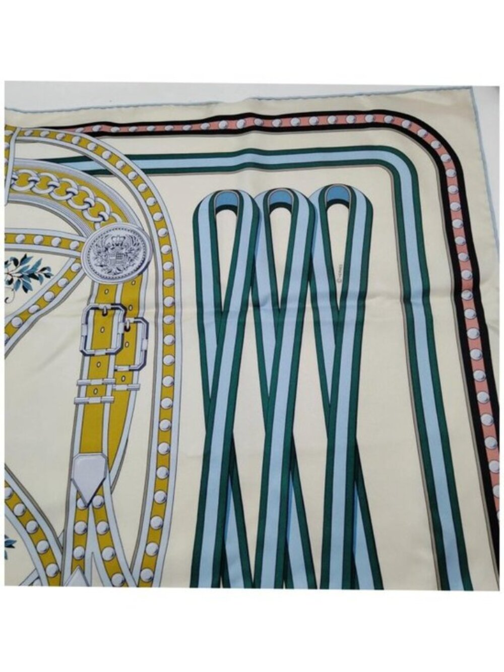Hermès Mors à la Conétable Carré 90 Silk Scarf Cream Blue Equestrian Vintage - Picture 6 of 10